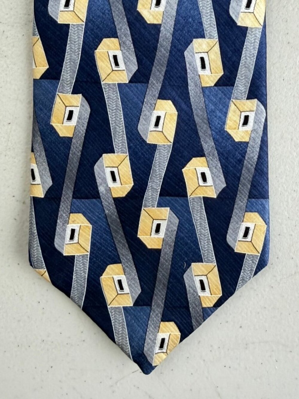Vintage Abstract Geometric Art Print Silk Tie 90s Blue/Yellow/Silver Necktie